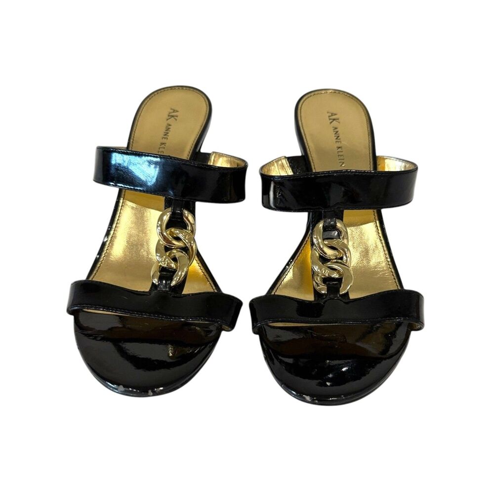 Anne Klein Black‎ Gold Chain Link Heels Sandal Slides Professional Womens 8.5